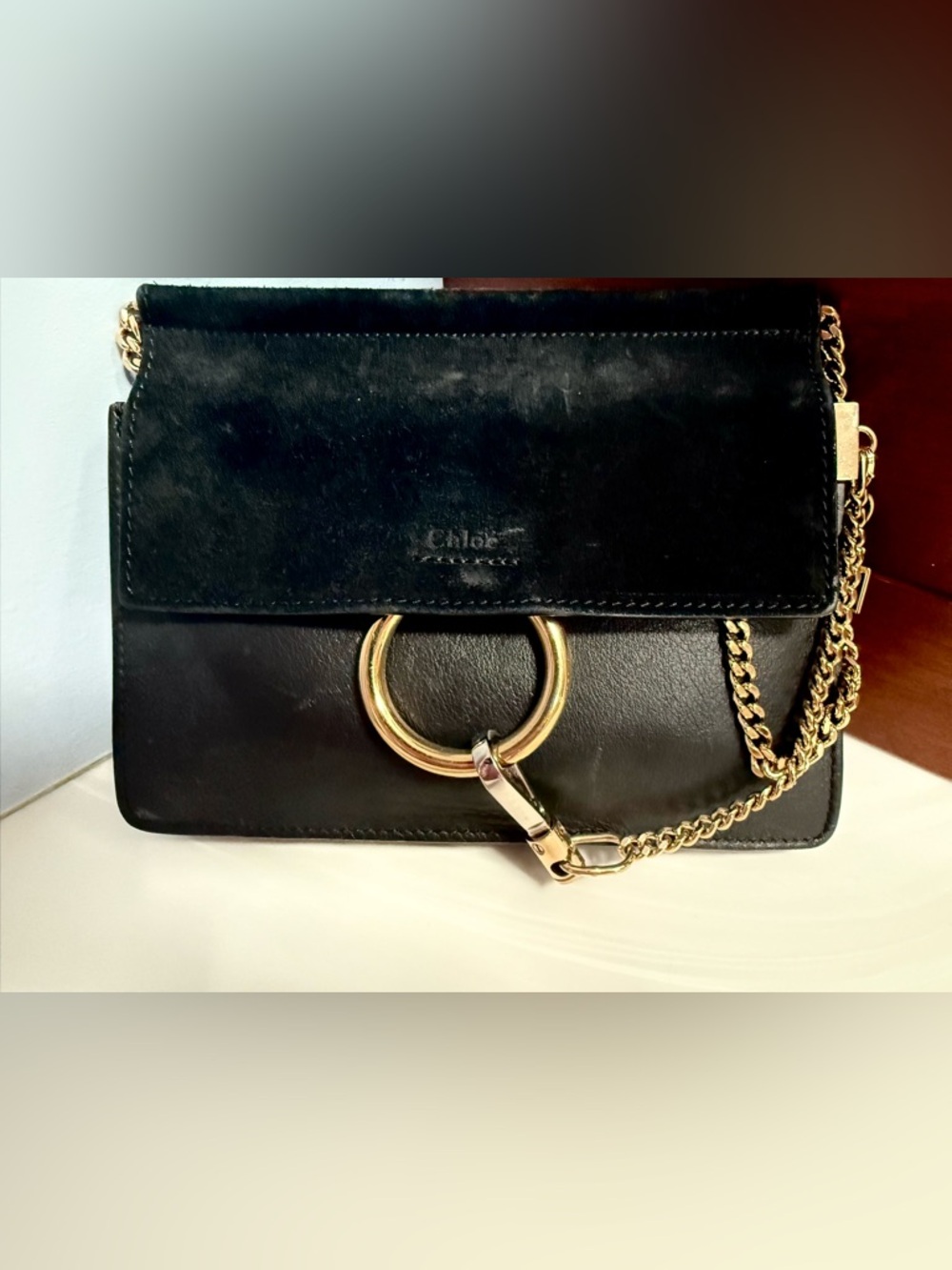 CHLOE Black Leather Suede Faye Small Shoulder Bag with Gold Hardware